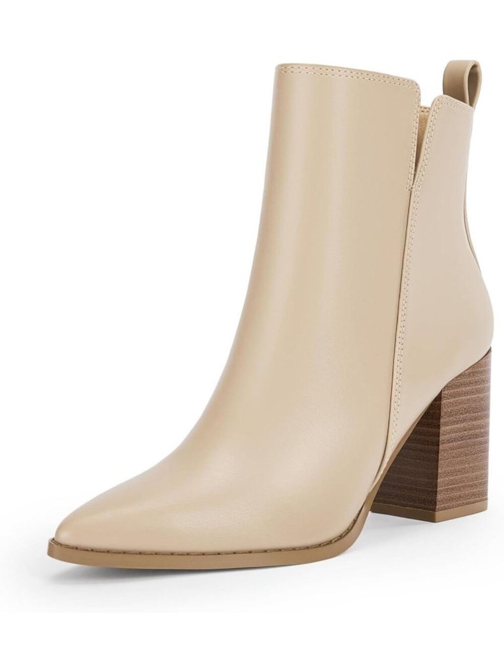 Women's Khaki V Cutout Pointed Toe Block Chunky Heel Side Zipper Ankle Boots